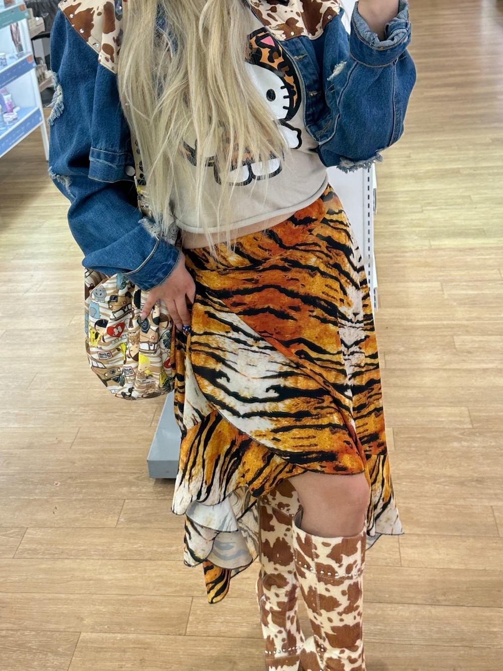 Tiered Tiger-Print Midi Skirt in Orange and Black